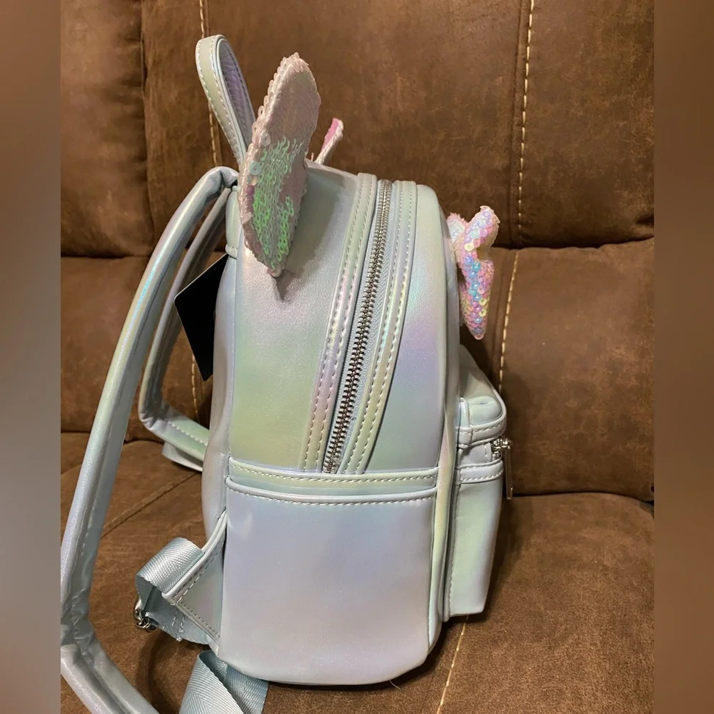NWT- Loungefly Iridescent Blue Backpack with Sequins ears and bow - Picture 5 of 6